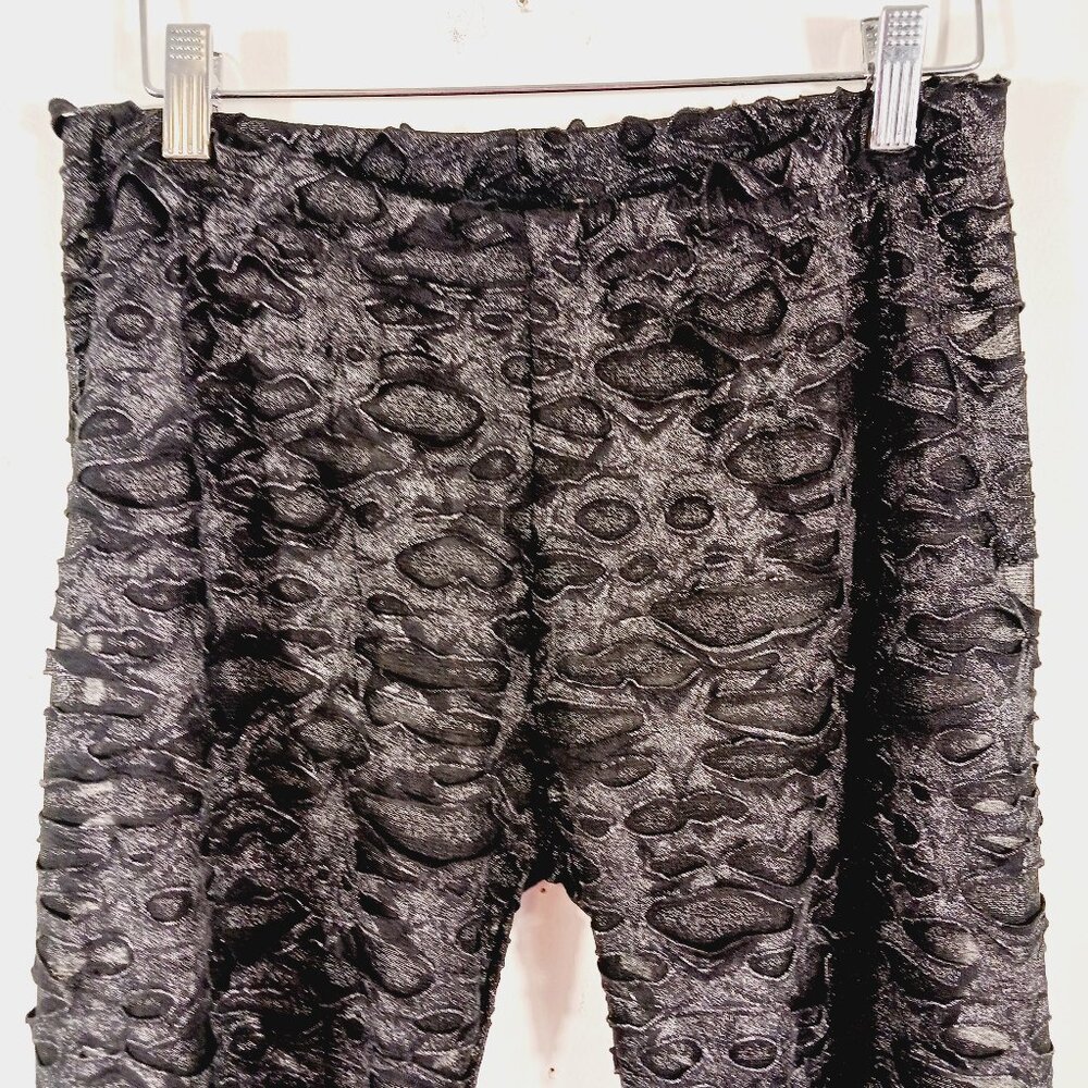 BCBG Maxazria, NWT Black Gunmetal Sheer Shiny Leggings W 3D Cutout Overlay, Goth - Picture 8 of 16